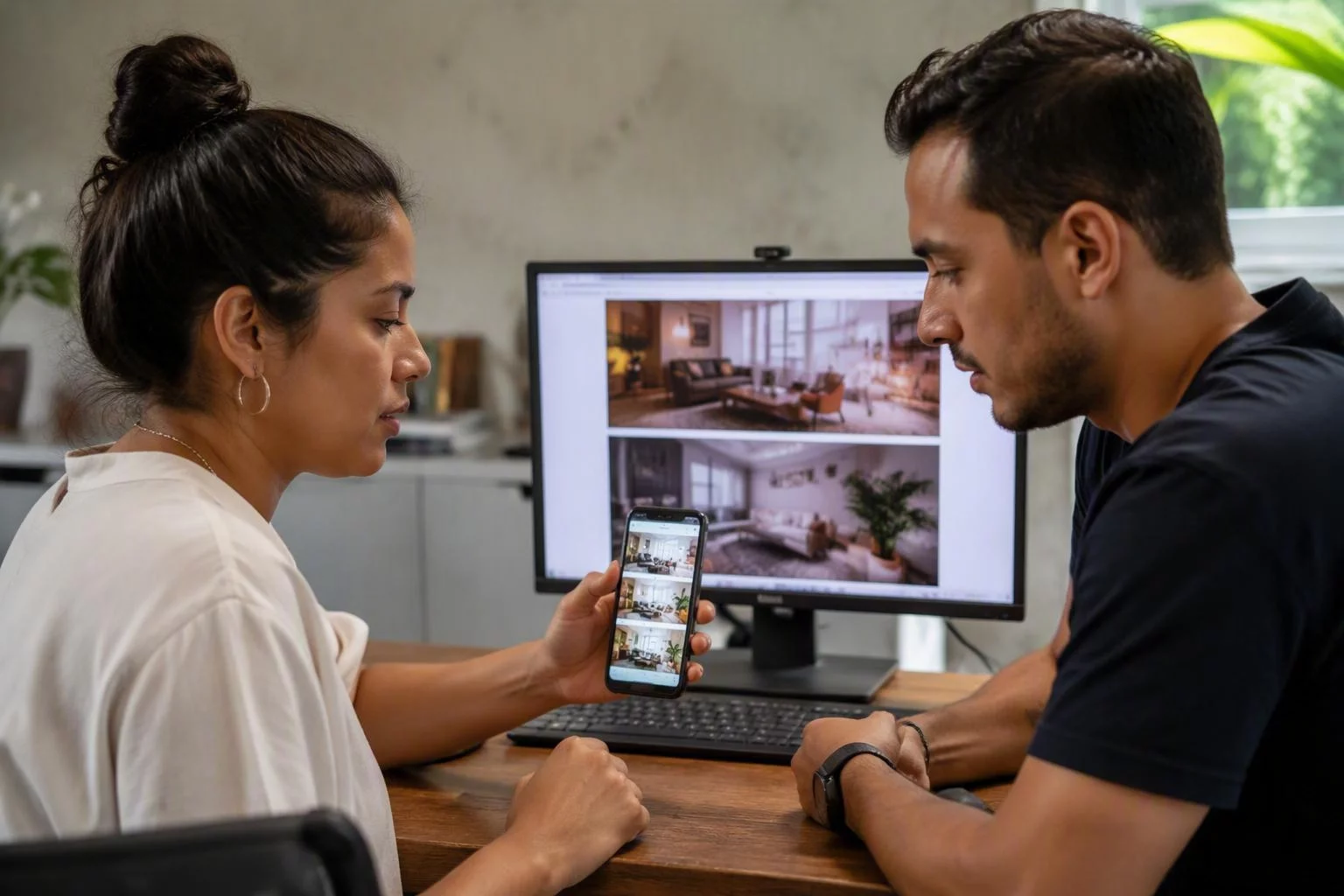 Duas pessoas comparando telas de celular e de desktop