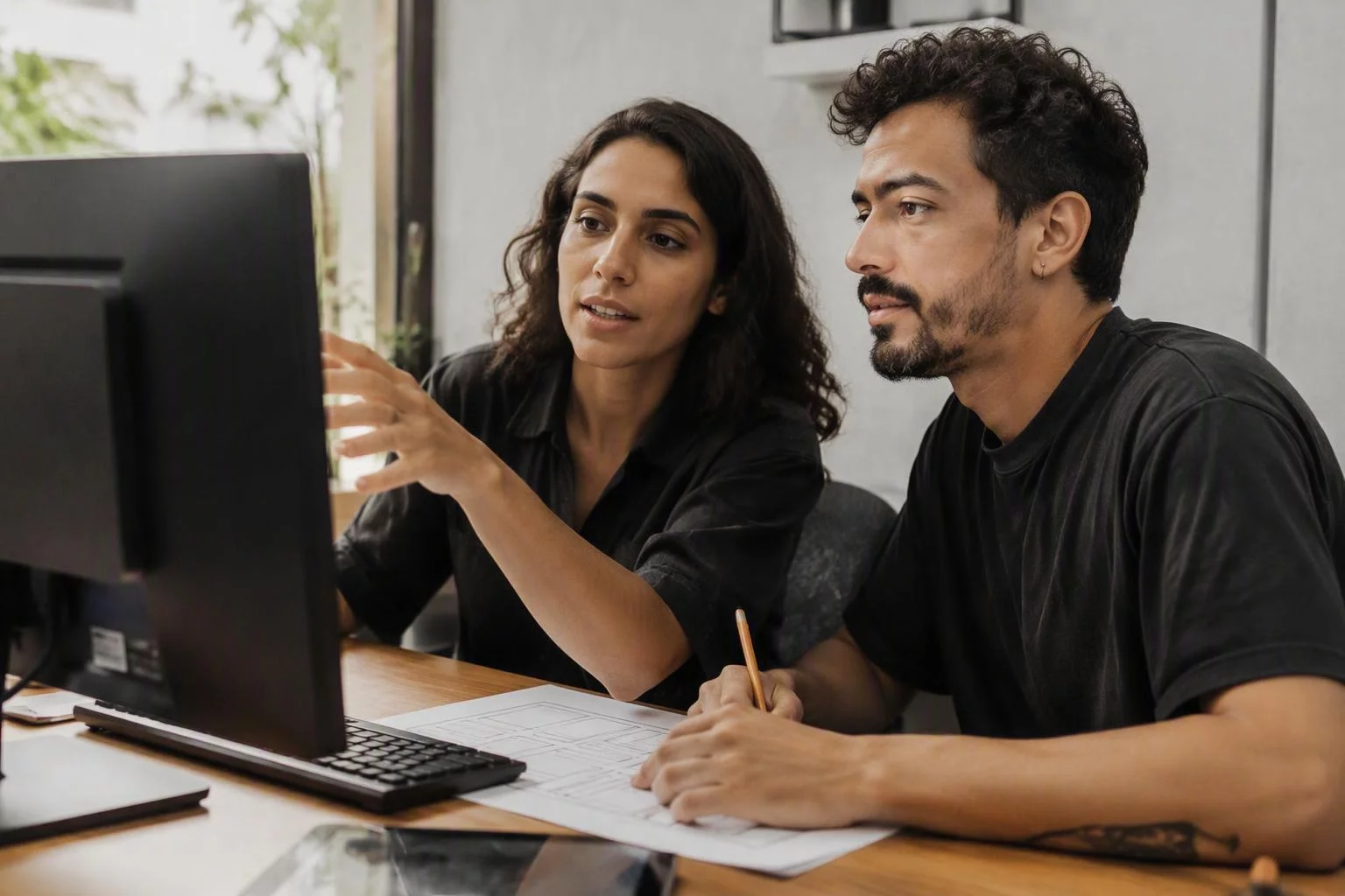 Dupla ajustando o desenho de uma tela em frente ao monitor