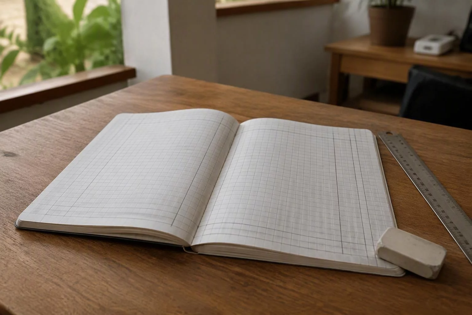 Caderno aberto com grade de página desenhada à mão
