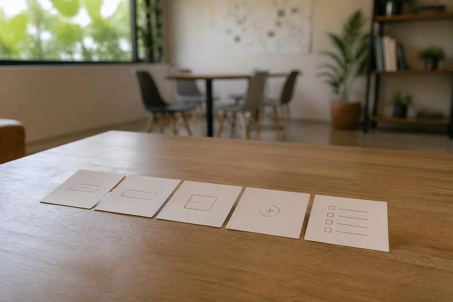 Cartões de componentes de interface em fila sobre a mesa